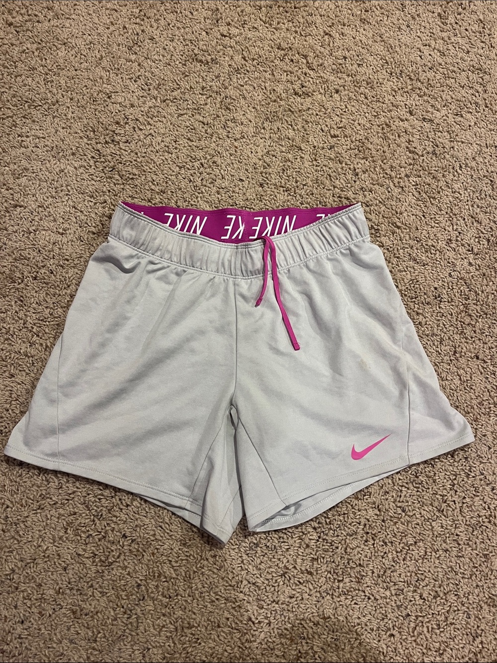 Nike Women's Gray Athletic Shorts with Purple Accents